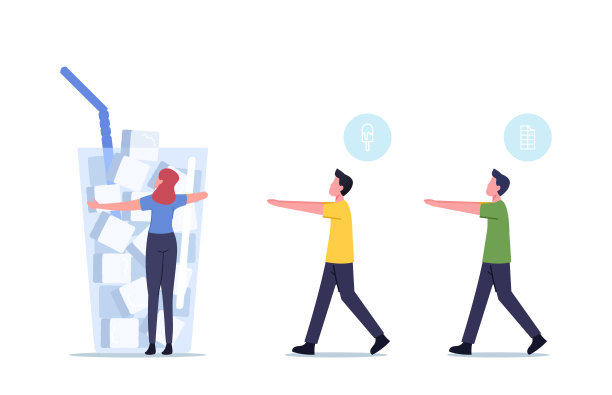 糖、消费、上瘾。小矮人像僵尸一样走到装着方糖的巨大玻璃上。对垃圾食品上瘾的人图片下载