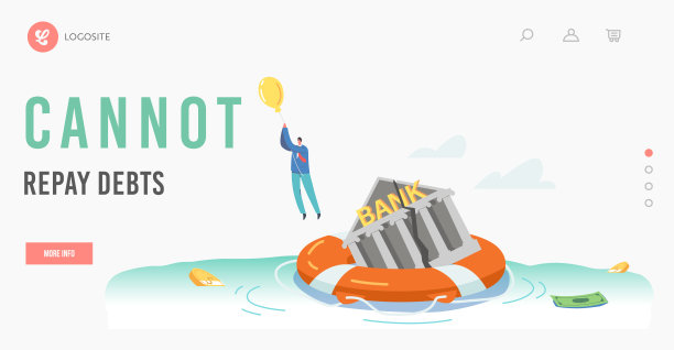 破产全球崩溃，崩溃着陆页面模板。商人角色乘坐热气球离开下沉的银行图片下载