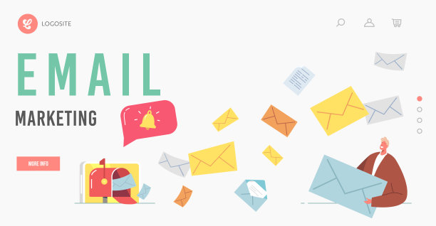 电子邮件营销登陆页面模板。角色站在邮箱前，邮件信息飞了出来。商业信函图片下载