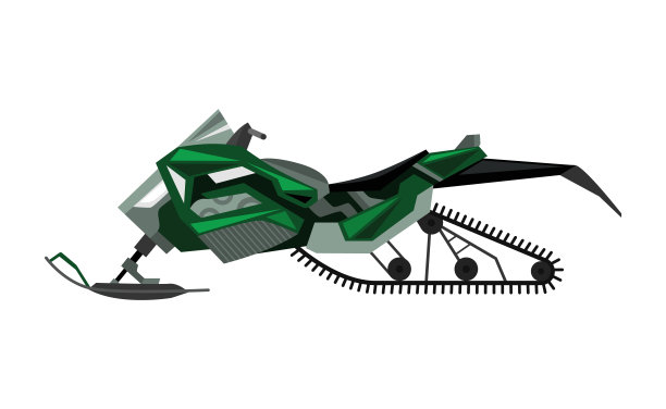 冬天骑雪地摩托。机动雪橇，在冰雪上极限旅行的工具，冬季娱乐。矢量平面风格卡通插图孤立的白色背景图片下载