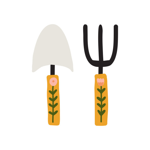 手绘可爱的花园元素铲子和干草叉与花插图。图片下载
