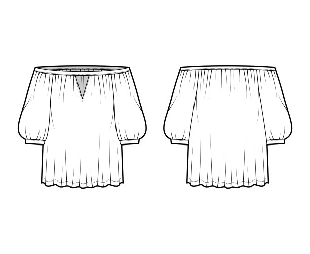 露肩衬衫芭铎技术时尚插图与蓬松的肘部袖子，超大。平的服装图片下载
