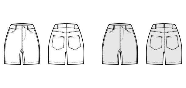 牛仔短裤技术时尚插图，大腿中长，正常的腰，高腰，弯曲的5个口袋图片下载