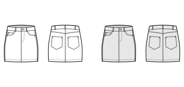 牛仔裙技术时尚插画与迷你长度，低腰上升，弯曲和角度的口袋。平底图片下载