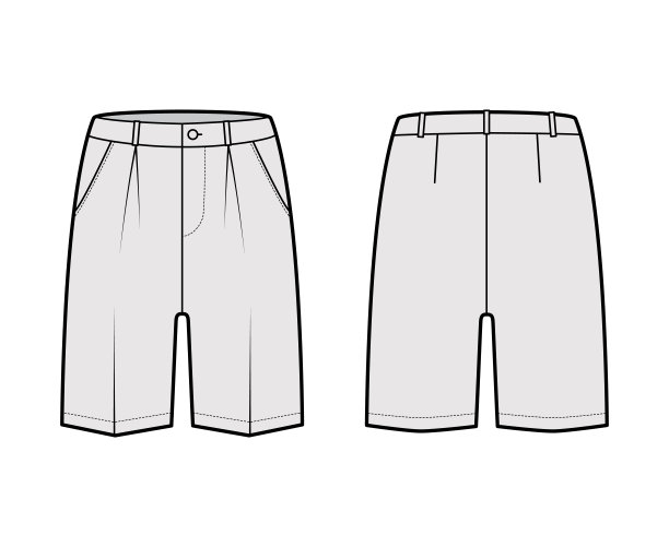 短百慕大裙裤技术时尚插图及膝以上长度，单褶，低正常腰，上升图片下载