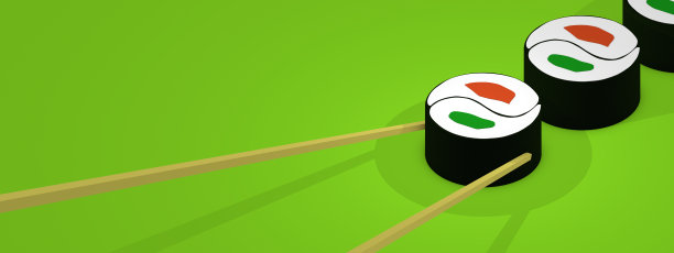 绿色背景的筷子寿司。简化的极简设计。3D插图，3D渲染。图片下载