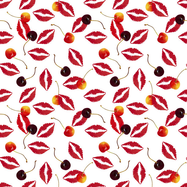 无缝图案与纸唇在亲吻和甜樱桃的形式图片下载