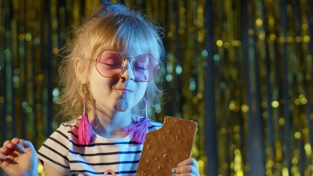 时尚新潮的年轻女孩在迪斯科派对赛博朋克俱乐部吃大巧克力棒糖果图片下载