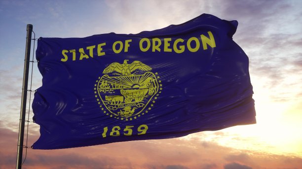 俄勒冈州的旗帜迎风飘扬，映衬着深邃美丽的天空。三维演示图片下载