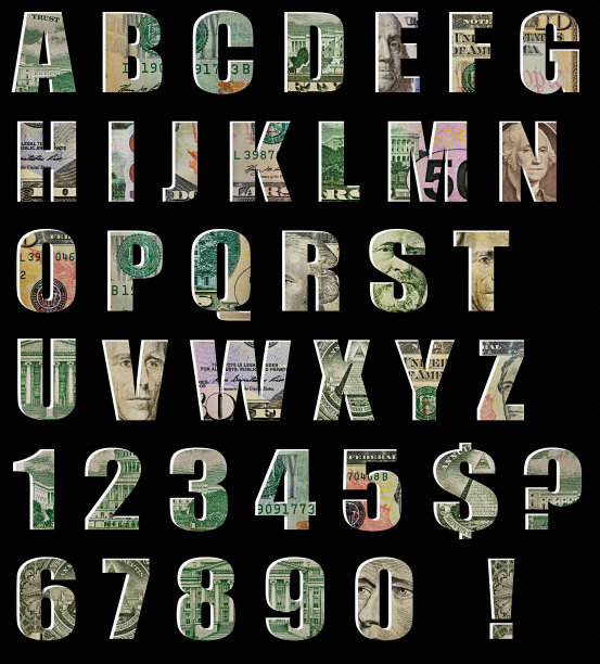 钞票字母:由美元货币压印而成的全套数字和字母图片下载