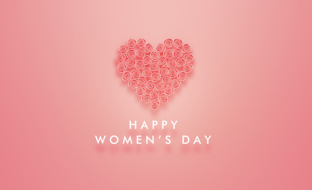 妇女节概念-在粉红色的背景上用粉红色的玫瑰做成的心下面写着妇女节快乐的信息图片下载