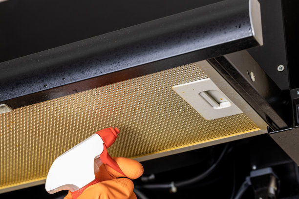 清洁和清洗肮脏的炊具罩过滤器。脂肪和灰尘在过滤器。国内的厨房图片下载