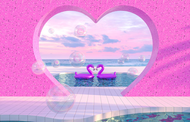 摘要夏季海滩场景与粉红色火烈鸟在游泳池的背景。图片下载