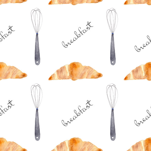 一套食物和餐厅。水彩无缝模式与牛角面包和面团搅拌器的织物，纸张，纺织品，礼品包装孤立在白色背景。早餐模式图片下载