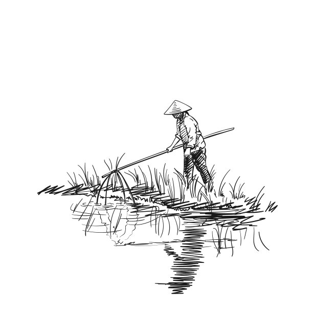 一个戴越南帽子的女人正在钓鱼图片下载