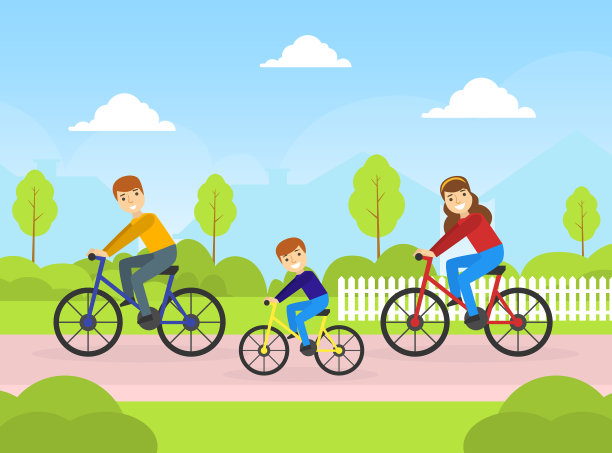 快乐家庭在公园里骑自行车运动和图片下载
