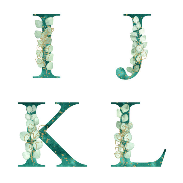 水彩绿松石花字母集系列与金色纸屑和桉树树枝组成。婚礼邀请函、宝宝送礼会、升华设计、生日等概念创意。图片下载
