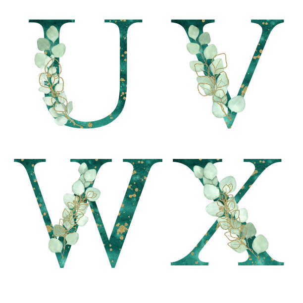 水彩绿松石花字母集系列与金色纸屑和桉树树枝组成。婚礼邀请函、宝宝送礼会、升华设计、生日等概念创意。图片下载