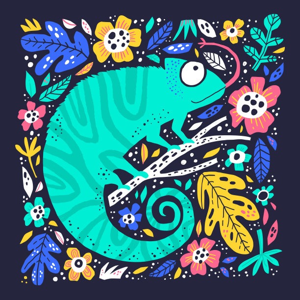 可爱的小变色龙手绘平面插图。可爱的爬行动物坐在树枝卡通人物。有趣的变色龙在花框架孤立在黑暗的背景。孩子气的t恤印花设计图片下载