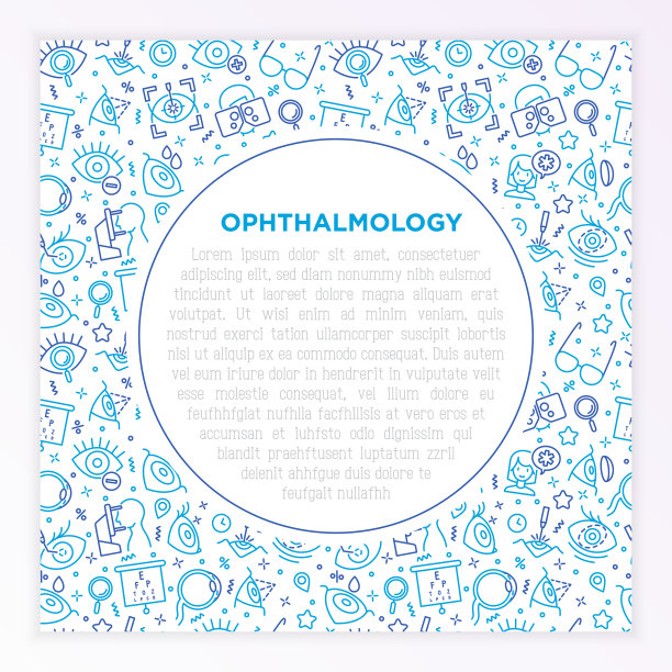 眼科概念与细线图标:激光眼科手术，眼睛测试，眼药水，隐形眼镜，白内障，散光，光透视，自动屈光仪，远视。矢量插图。图片下载