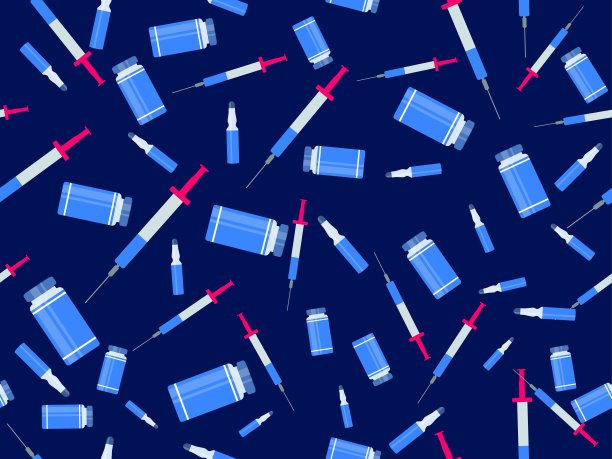 注射器和小瓶无缝模式。注射用冠状病毒疫苗瓶和注射器。疫苗接种covid-19。矢量图图片下载
