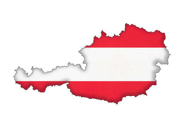 奥地利边境剪影与国旗。地理地图上的等高线国家。图片下载
