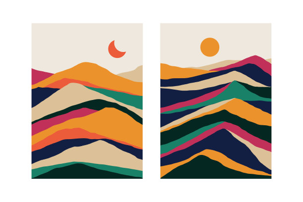 抽象几何山水画。极简主义山墙装饰，当代海报50年代审美。矢量艺术图片下载