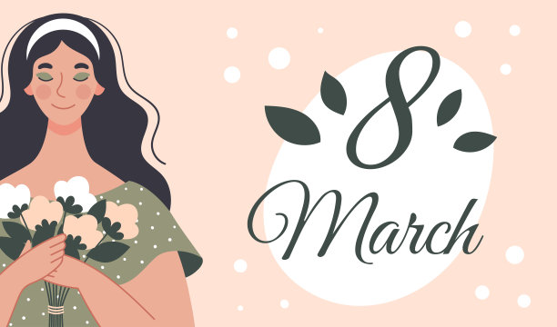 捧着一束花的漂亮女人。妇女节明信片。矢量插图在平面风格图片下载