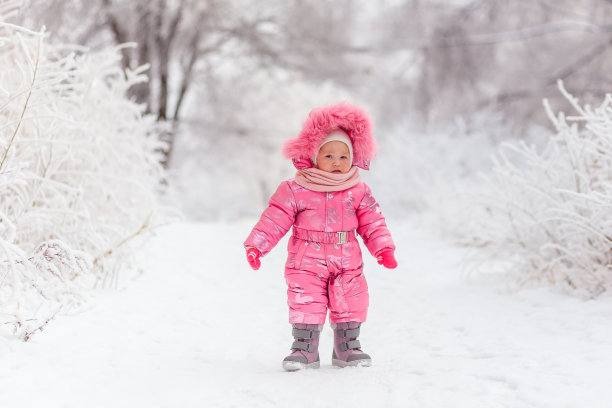 冬天雪地里穿粉色连体衣和靴子的一岁可爱宝宝图片下载