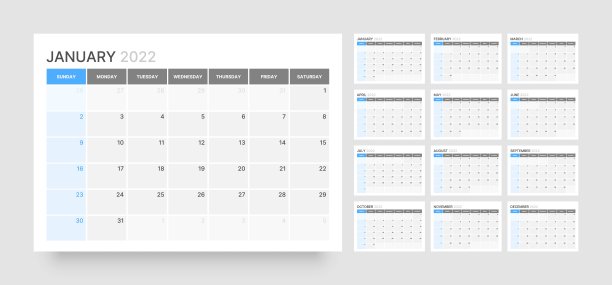 2022年的月历。一周从周日开始。图片下载