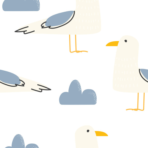 无缝模式与海鸥和云在白色的背景。矢量插图印刷在服装，包装纸，明信片，海报，横幅。可爱的宝宝背景图片下载