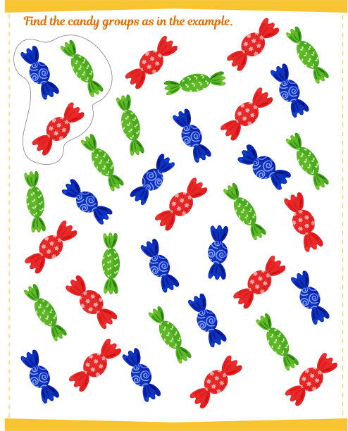 儿童游戏。找出所有的糖果组，并圈出它们，如图所示。图片下载