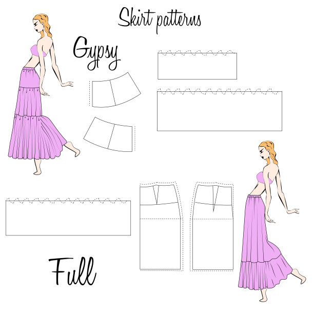 裙子吉普赛和全模式。一种视觉表现的风格的裙子上的数字。女士裙子的设计和图案说明。手绘的模型。图片下载
