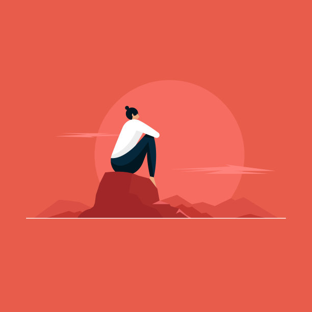 年轻女子坐在岩石上欣赏山顶的景色图片下载