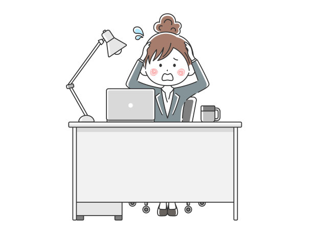 这是一个商业妇女在办公桌前抱着头工作的插图。图片下载