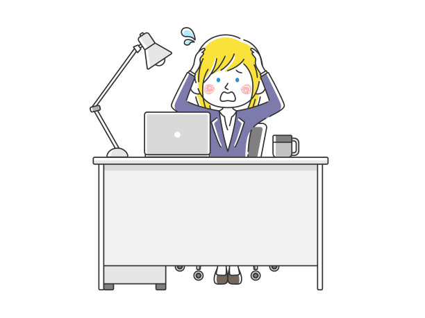 这是一个商业妇女在办公桌前抱着头工作的插图。图片下载