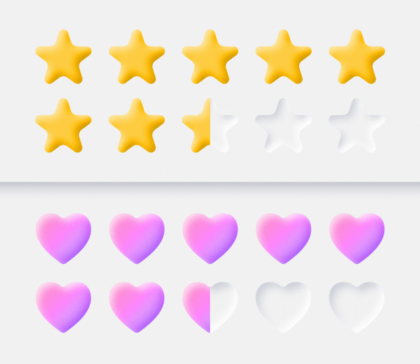 3D矢量游戏UI元素星星成就等级量表和生命值条评级系统图片下载