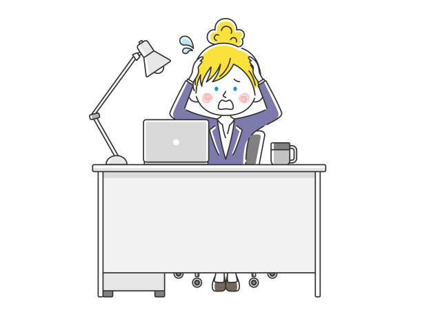 这是一个商业妇女在办公桌前抱着头工作的插图。图片下载