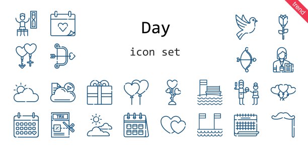 天的图标集。行图标风格。与节日相关的图标，如爱，日历，夫妇，气球，父亲，婚礼日，税收，胡子，记者，丘比特，云，多云，计时器，鸽子，海滩，心，玫瑰，礼物，图片下载