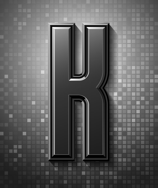 3d黑色字体与闪光，时髦的压缩字母无衬线，现代斜面字母K在像素背景，马赛克矢量插图10eps。图片下载
