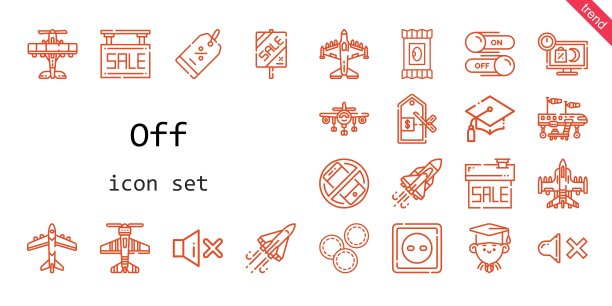 从图标集。行图标风格。关闭相关图标，如无声，销售，卸妆湿巾，毕业，价格，毕业，飞机，折扣，静音，插座，航天飞机，开关，图片下载