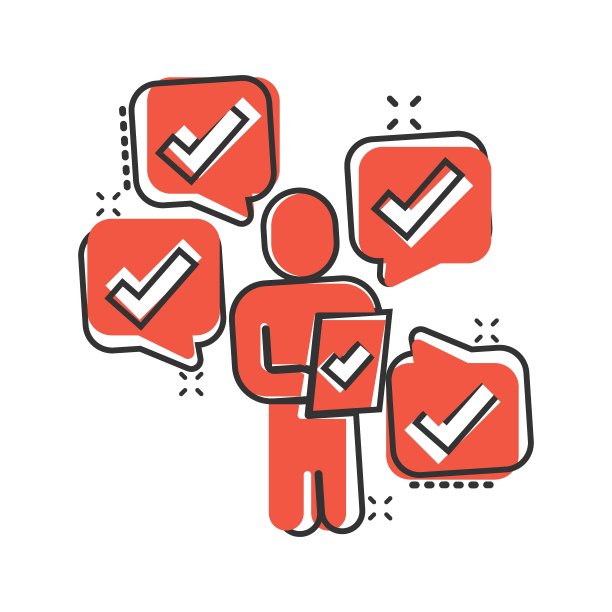 漫画风格的组织管理图标。人们与检查标记卡通矢量插图在白色孤立的背景。商人飞溅效应经营理念。图片下载