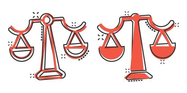 比例平衡图标在漫画风格。正义卡通矢量插图在白色孤立的背景。判断飞溅效应的经营理念。图片下载