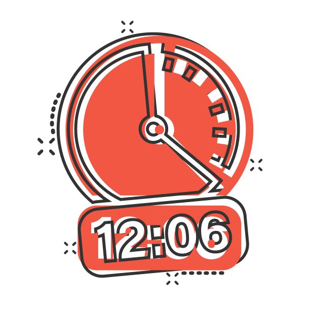 漫画风格的时钟图标。观看卡通矢量插图在白色孤立的背景。定时器喷溅效果的经营理念。图片下载