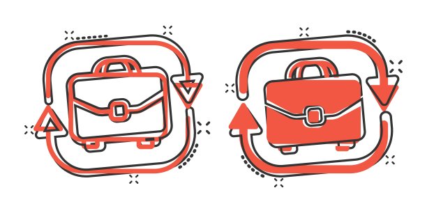 漫画风格的箭头图标公文包。商人袋卡通矢量插图上白色孤立的背景。投资组合飞溅效应的经营理念。图片下载