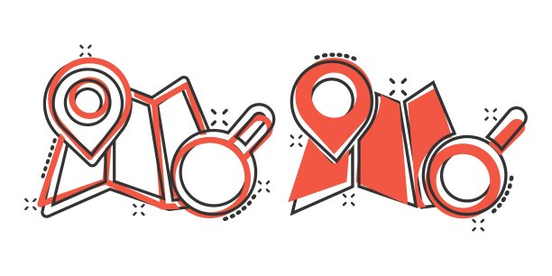 地图与放大镜图标在漫画风格。Gps导航卡通矢量插图在白色孤立的背景。定位位置，溅射效果经营理念。图片下载