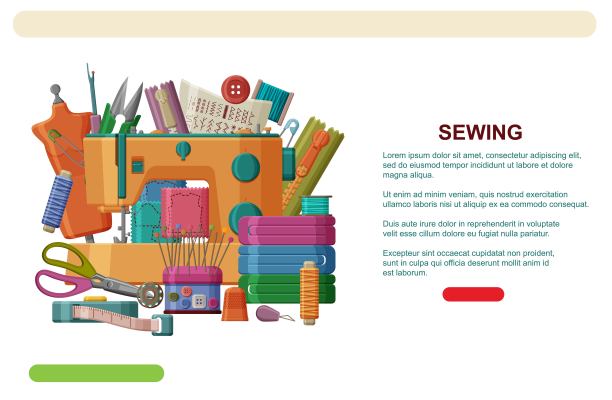 缝纫机和人体模型，线，针和剪刀。缝纫网页横幅模板或登陆页。矢量图图片下载