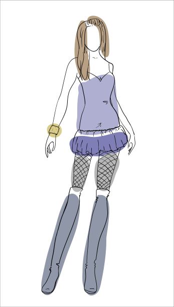 美丽的女孩穿着蓝色的小裙子和渔网袜，一笔简单明亮的时尚插图，向量图片下载