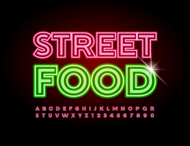矢量霓虹海报街头小吃。电灯字母和数字集图片下载