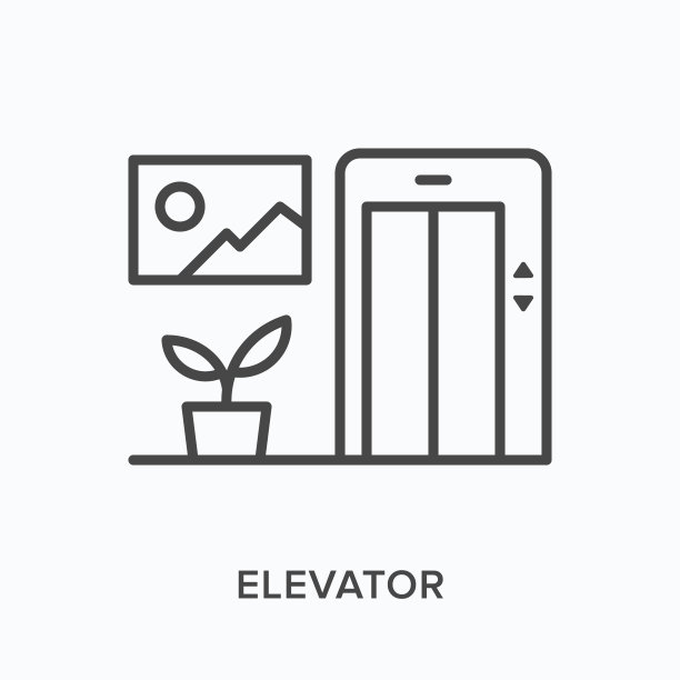 电梯平线图标。植物，图片和门的矢量轮廓说明。黑色细象形文字为大堂图片下载